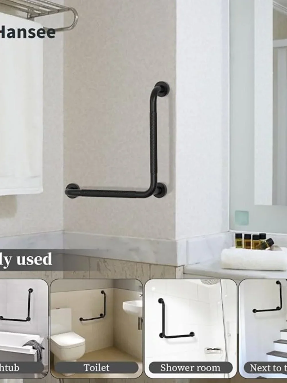Black L-Shaped Shower Grab Bar – Stainless Steel Anti-Slip Safety Rail 16